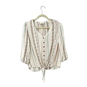 Bob Timberlake Boho Aztec Embroidered Ivory Blouse with Tie Front 3/4 Sleeve M